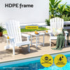 White outdoor chairs with a table by a pool, featuring HDPE frame text and water-resistant icons.