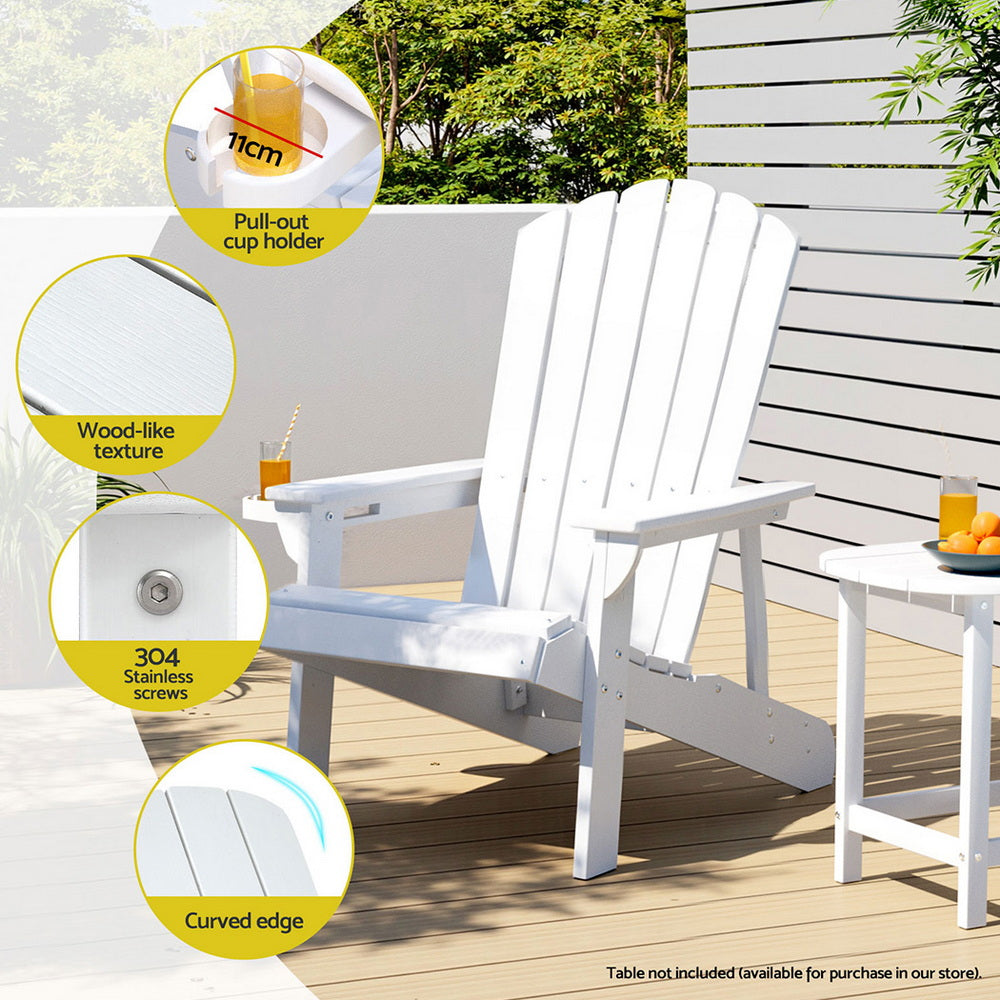 White Adirondack chair with pull-out cup holder feature on a wooden deck.