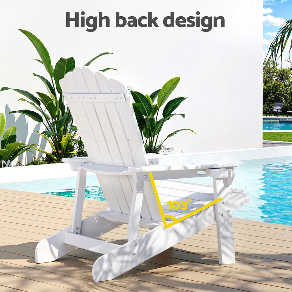 White Adirondack chair with high back design by a poolside, featuring a pool and plants in the background.