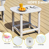 White outdoor side table with a glass of orange juice and plate of oranges on a wooden deck, featuring HDPE frame text.