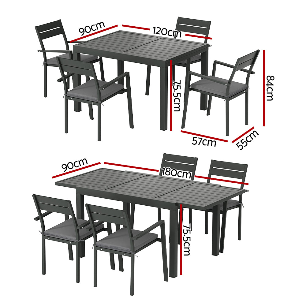Five-piece dining set with a rectangular extending dining table and four grey aluminium chairs with cushions, showing 2 images with its dimensions and the table being in both sizes, on a white background.