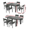 Five-piece dining set with a rectangular extending dining table and four grey aluminium chairs with cushions, showing 2 images with its dimensions and the table being in both sizes, on a white background.