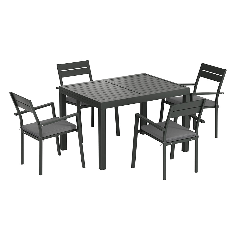 A five-piece outdoor dining set with a rectangular extending dining table and four grey aluminium chairs with cushions, on a white background.