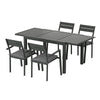 A five-piece outdoor dining set with a rectangular extending dining table in the extended size, with four grey aluminium chairs and cushions, on a white background.