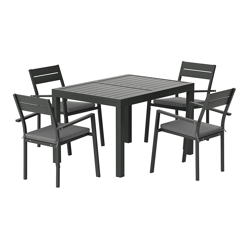 A five-piece outdoor dining set with a rectangular dining table and four grey aluminium chairs with cushions on a white background.