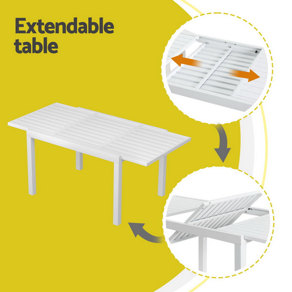 Extendable table with an illustration of its extension mechanism on a yellow background