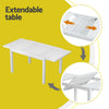 Extendable table with an illustration of its extension mechanism on a yellow background