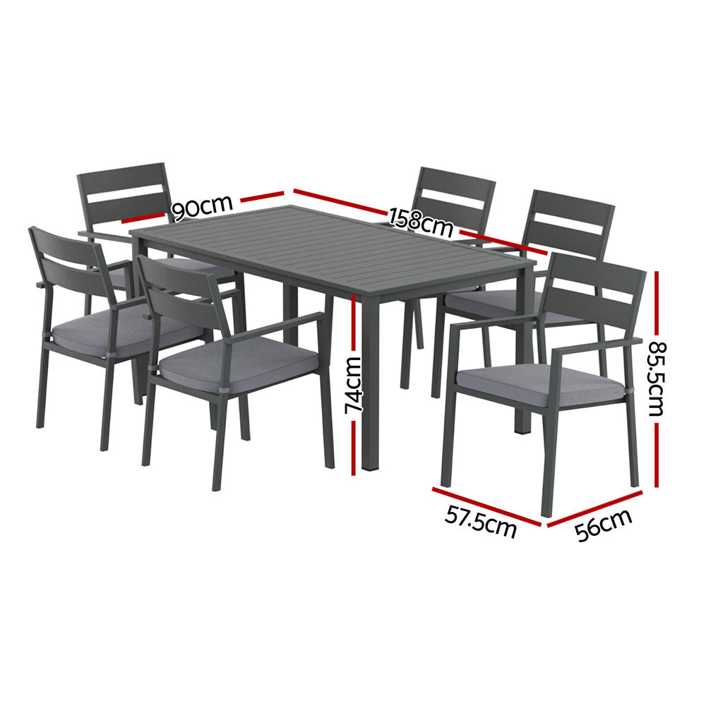Gray outdoor table with six chairs and dimensions marked on a white background