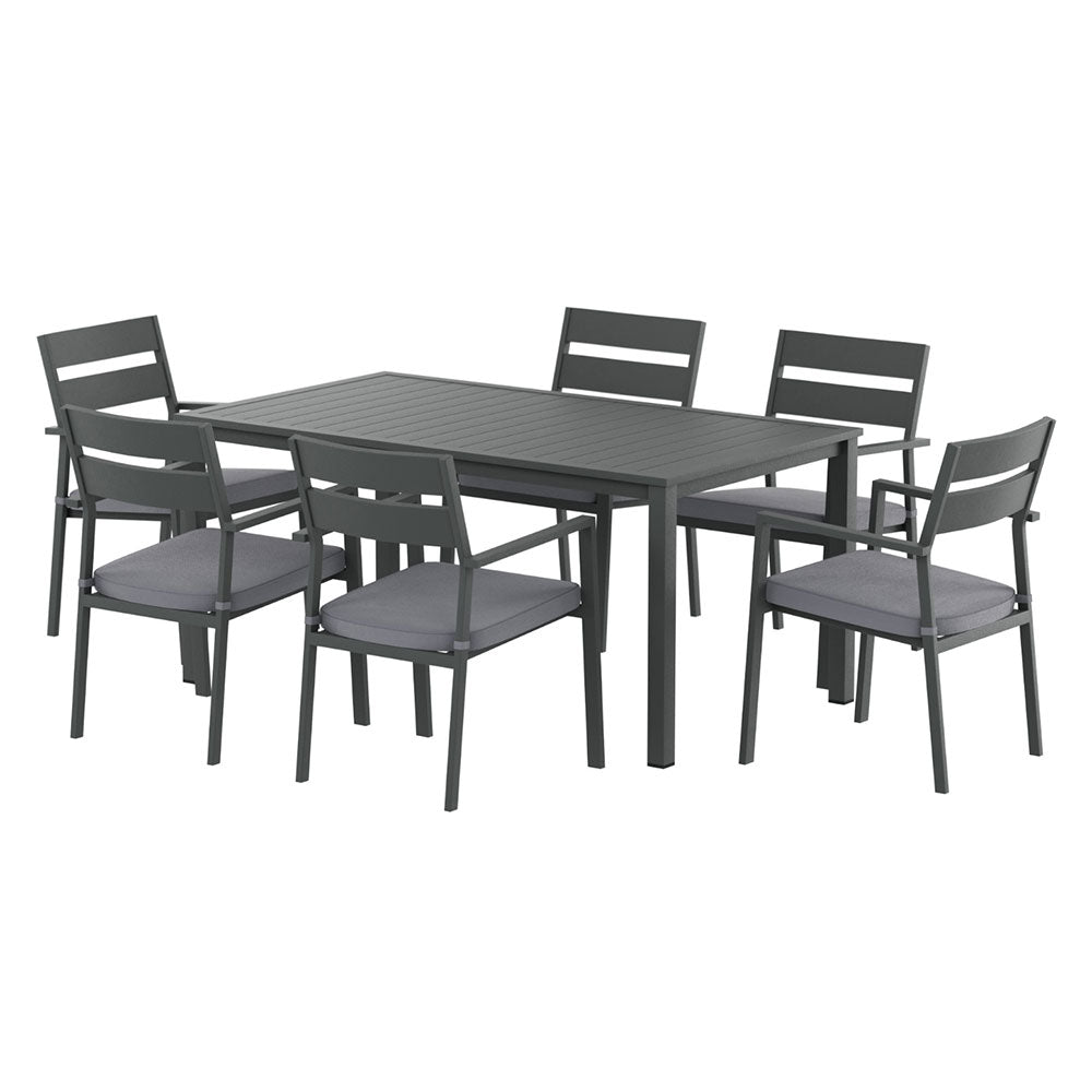 Gray outdoor dining table with six matching chairs on a white background