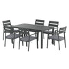 Gray outdoor dining table with six matching chairs on a white background