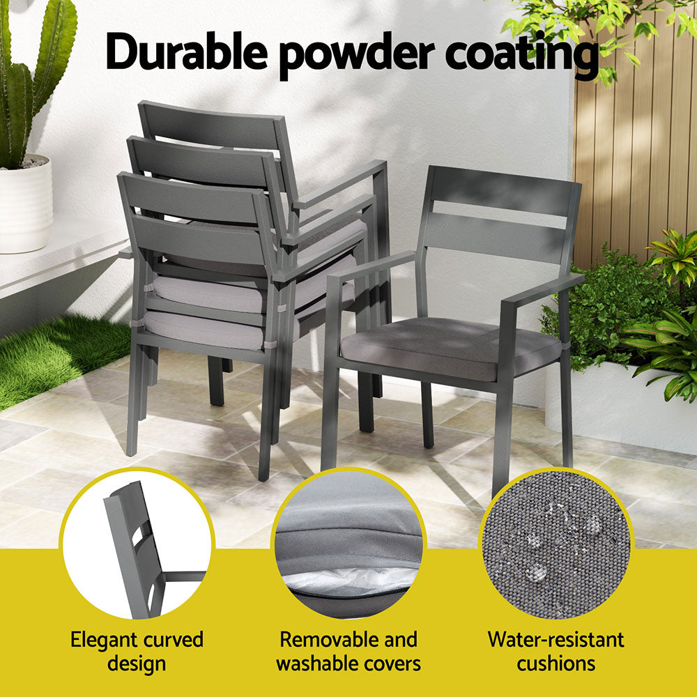 Set of gray outdoor chairs with durable powder coating features on a patio.