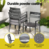 Set of gray outdoor chairs with durable powder coating features on a patio.