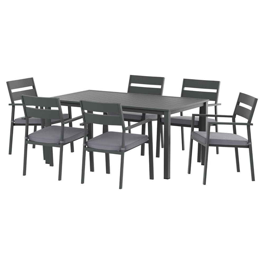 Gray outdoor dining table with six matching chairs on a white background