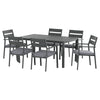 Gray outdoor dining table with six matching chairs on a white background