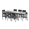 Outdoor dining set with a rectangular table and eight chairs on a white background