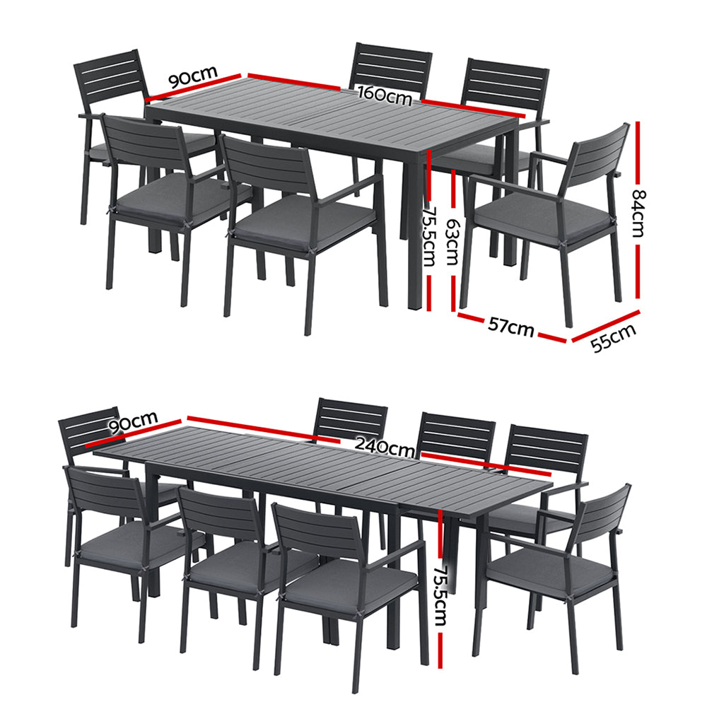 Patio furniture set with dimensions labeled on a white background