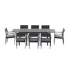 Outdoor furniture set with a rectangular table and eight chairs on a white background