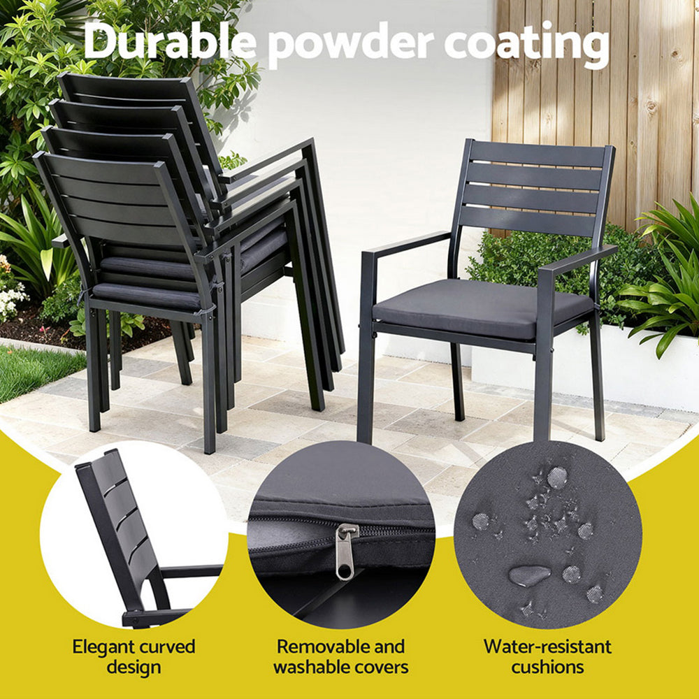 Outdoor chairs with durable powder coating, removable covers, and water-resistant cushions in a garden setting.