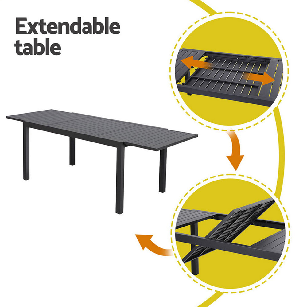 Extendable table with an illustration showing its extension mechanism on a white background.