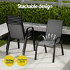 Two stackable chairs on a patio with text highlighting features like capacity and fabric type.