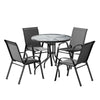 Outdoor furniture set with a round glass table and four chairs on a white background