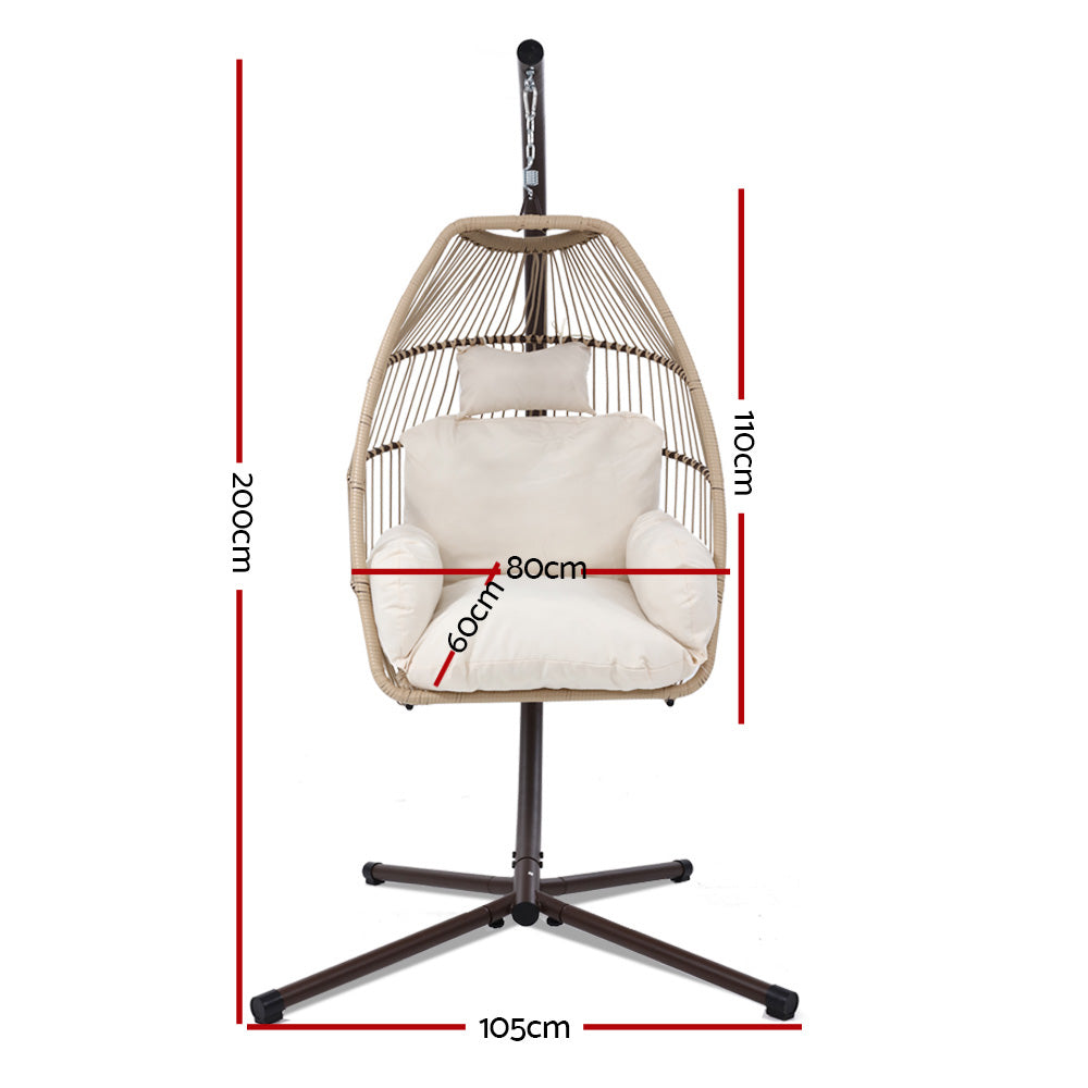 Hanging chair with dimensions marked on a white background