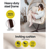 Hanging chair with text highlighting heavy-duty steel frame and inviting cushion