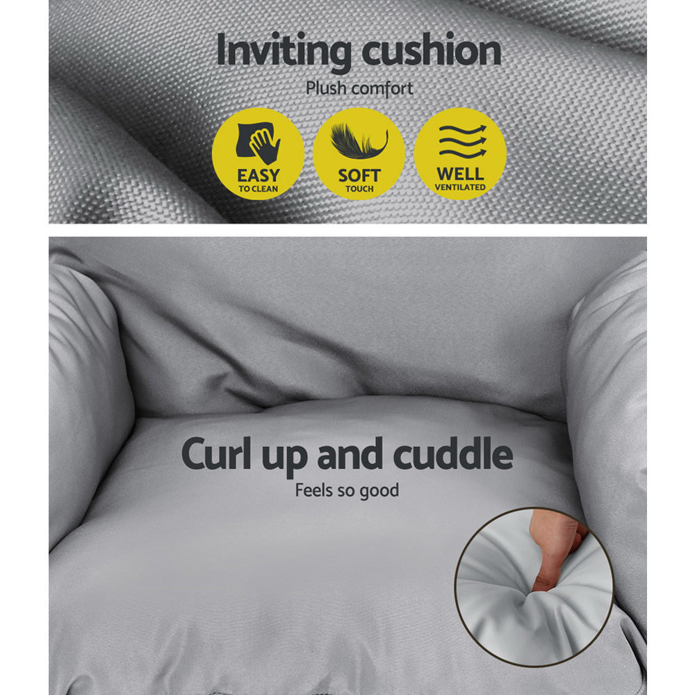 Gray cushion with text and icons indicating comfort features on a gray background