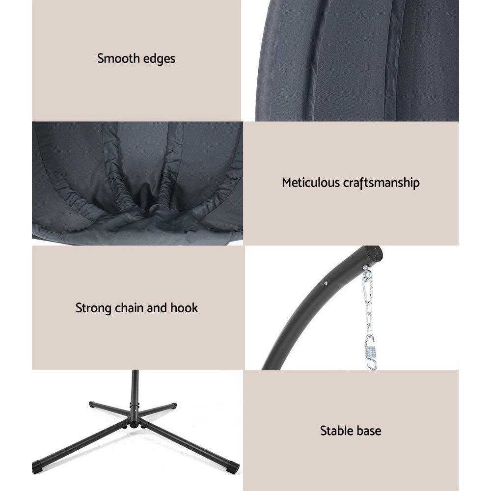 Collage of product features including smooth edges, meticulous craftsmanship, strong chain and hook, and stable base.