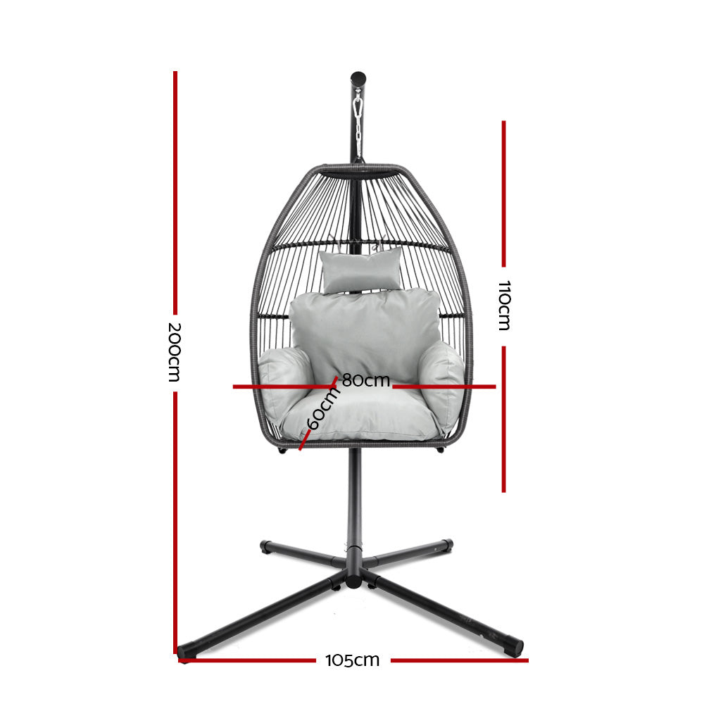 Hanging chair with dimensions on a white background