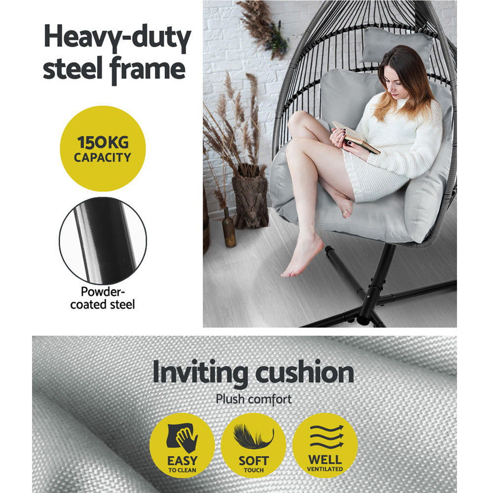 Hanging chair with text highlighting heavy-duty steel frame and inviting cushion features.