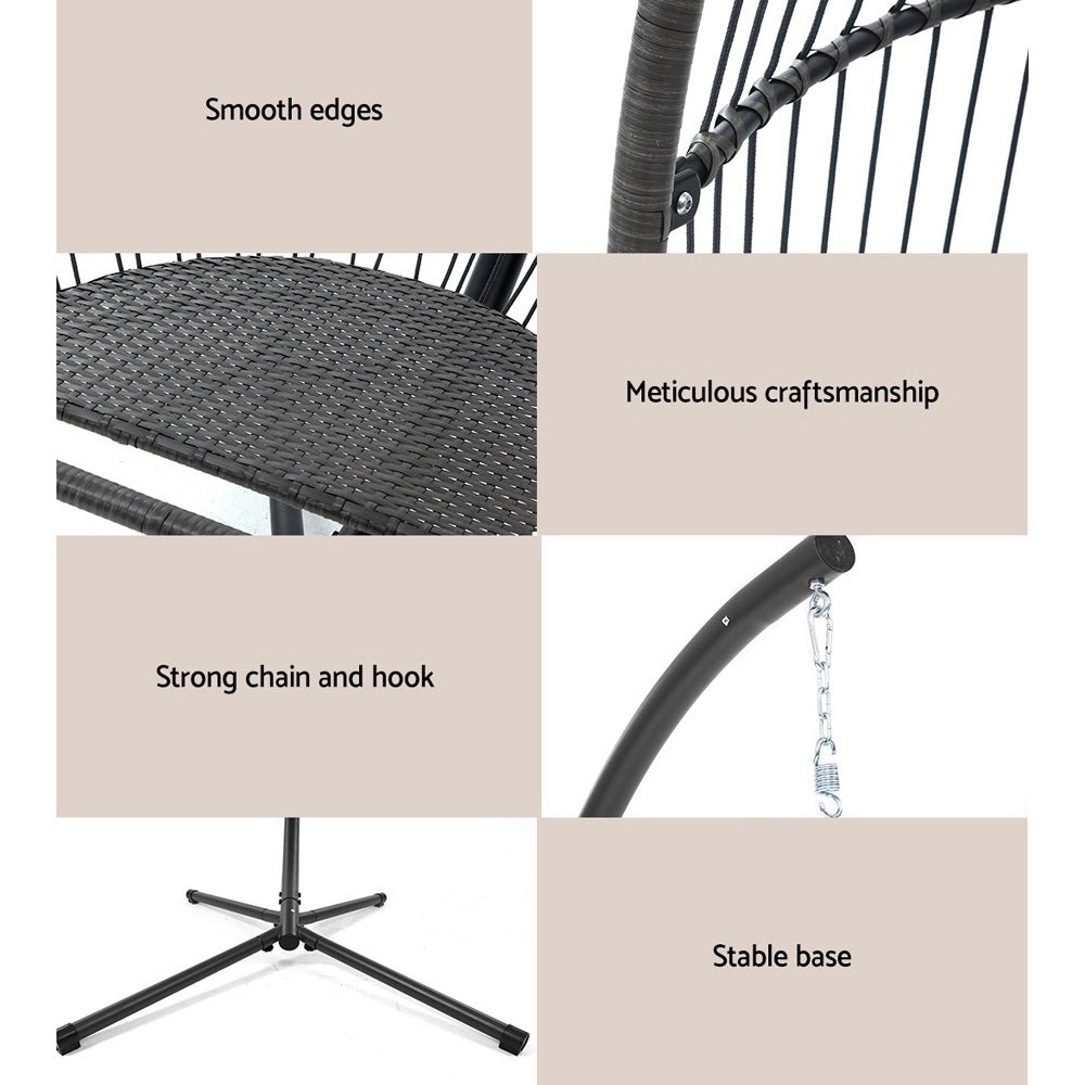 Collage of a hanging chair with text highlighting features like smooth edges, meticulous craftsmanship, strong chain and hook, and stable base.