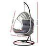 Outdoor egg swing chair with a grey wicker frame, charcoal stand and cushions showing its dimensions, on a white background.
