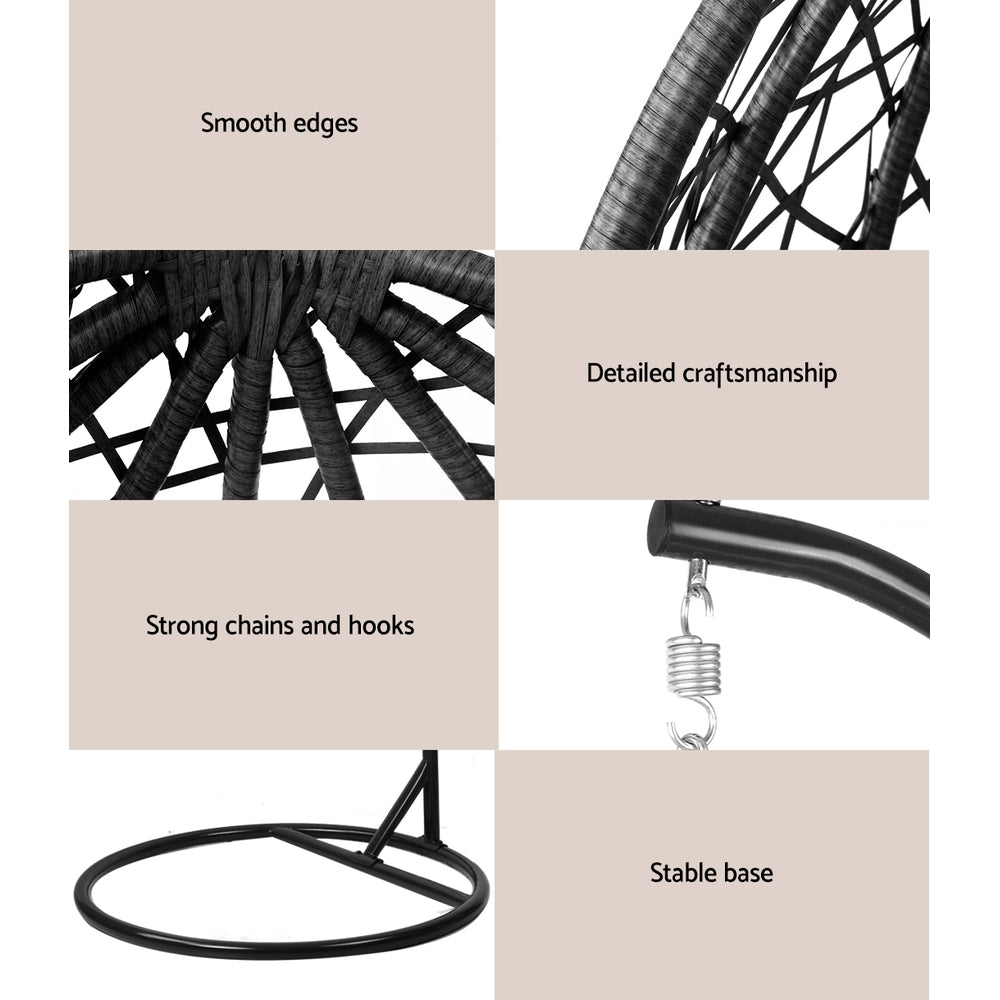 Collage of a metal hanging plant holder with text highlighting features like smooth edges, detailed craftsmanship, strong chains and hooks, and stable base.