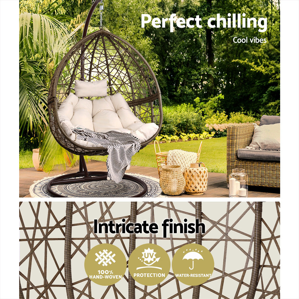 Wicker egg chair with cushions in a garden setting, featuring text 'Perfect chilling' and 'Intricate finish'.
