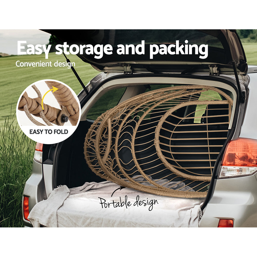 Woven chair folded and stored in a car trunk with text 'Easy storage and packing' and 'Convenient design'.