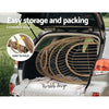 Woven chair folded and stored in a car trunk with text 'Easy storage and packing' and 'Convenient design'.