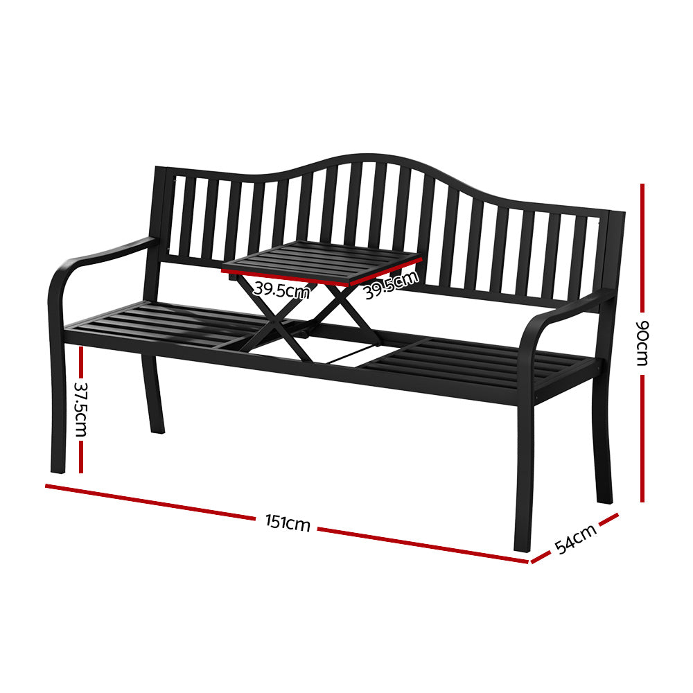 A black steel outdoor garden bench with a foldable table, featuring a slatted design for the seat and backrest, showing its measurements and set on a white background.