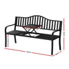 A black steel outdoor garden bench with a foldable table, featuring a slatted design for the seat and backrest, showing its measurements and set on a white background.
