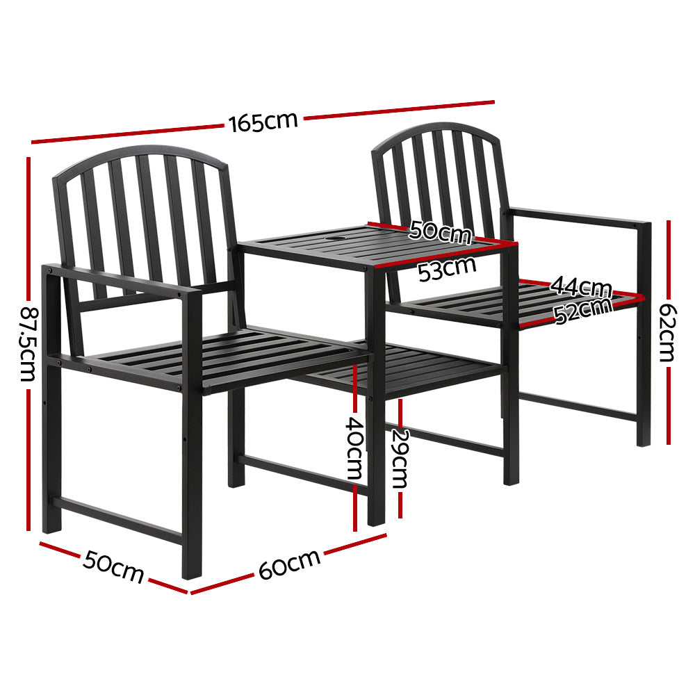 A two-seater garden bench set with a black steel frame, featuring an all-in-one table and armchairs, showing its measurements and set on a white background.