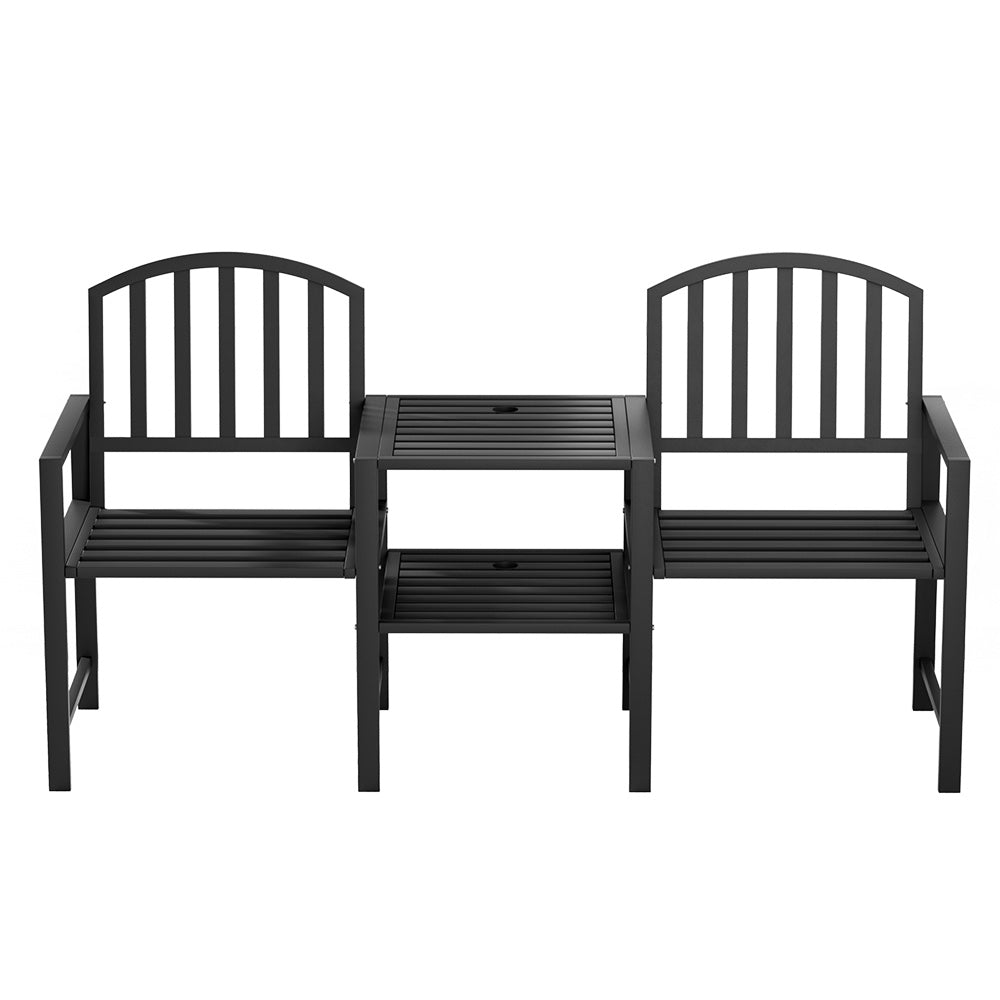 A two-seater garden bench set with a black steel frame, featuring an all-in-one table and armchairs, facing forwards and set on a white background.