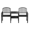 A two-seater garden bench set with a black steel frame, featuring an all-in-one table and armchairs, facing forwards and set on a white background.
