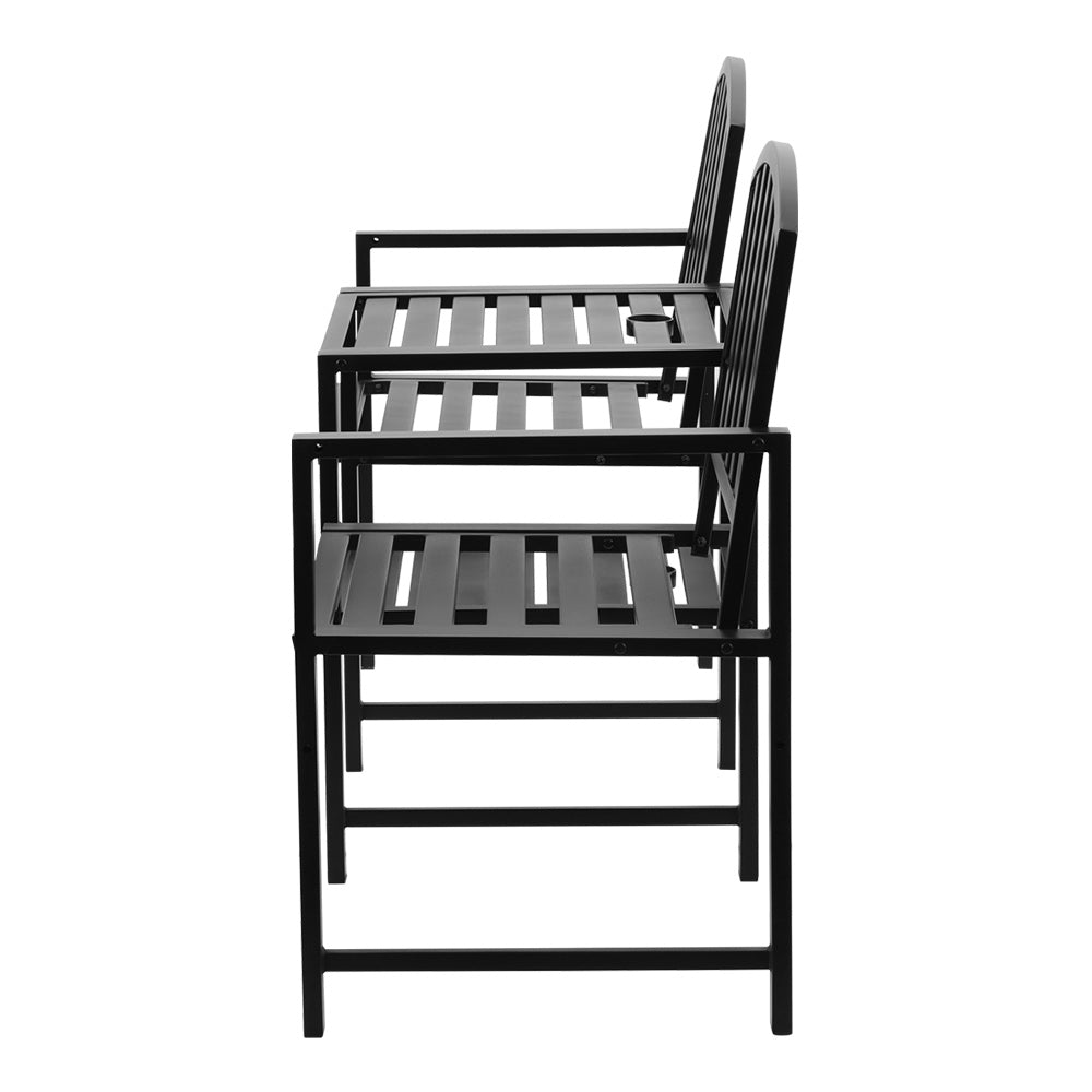Side view of a two-seater garden bench set with a black steel frame, featuring an all-in-one table and armchairs, and set on a white background.