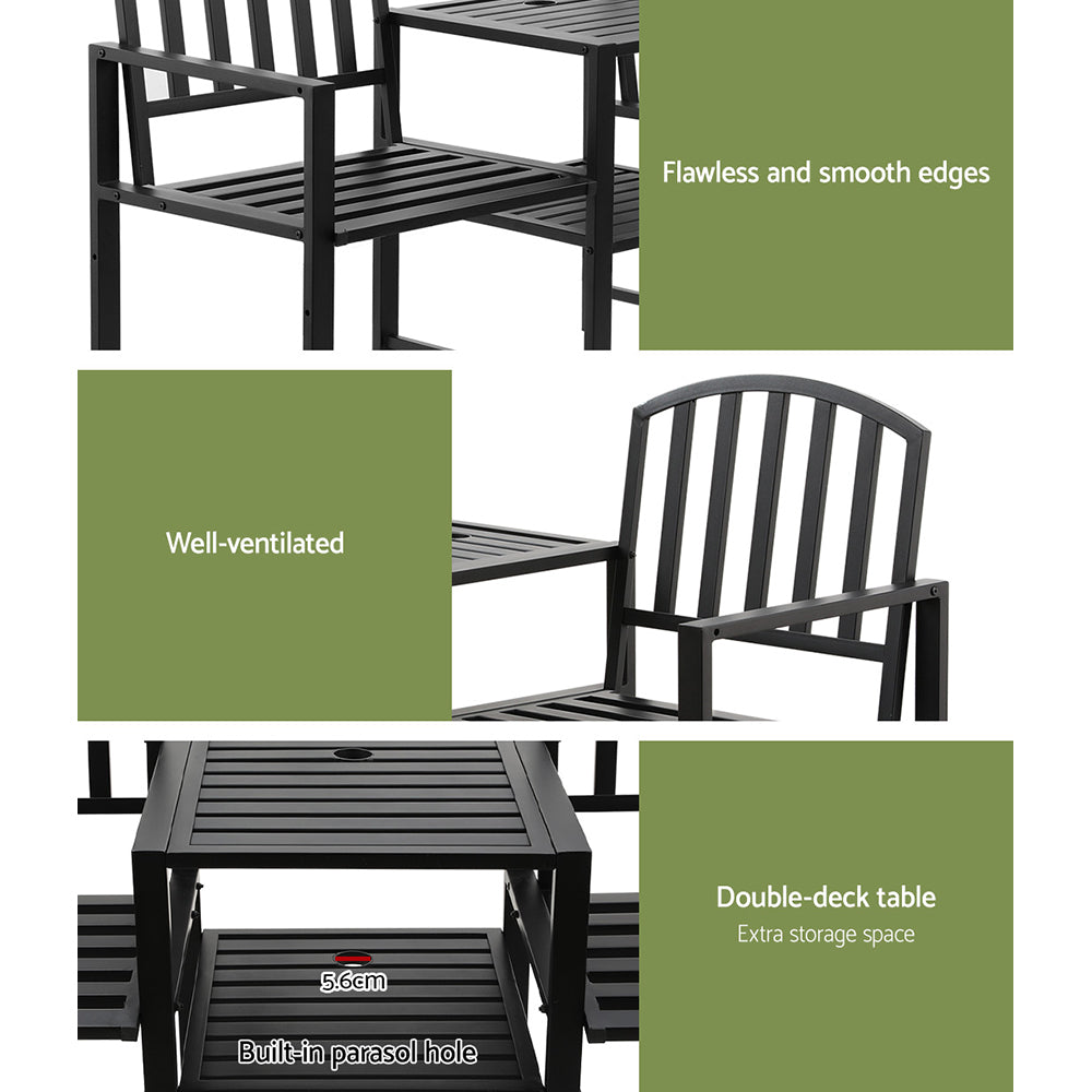 A 3-way split image showing close-up images of parts of a bench seat showcasing it is well ventilated, has smooth and flawless edges and a double deck table.