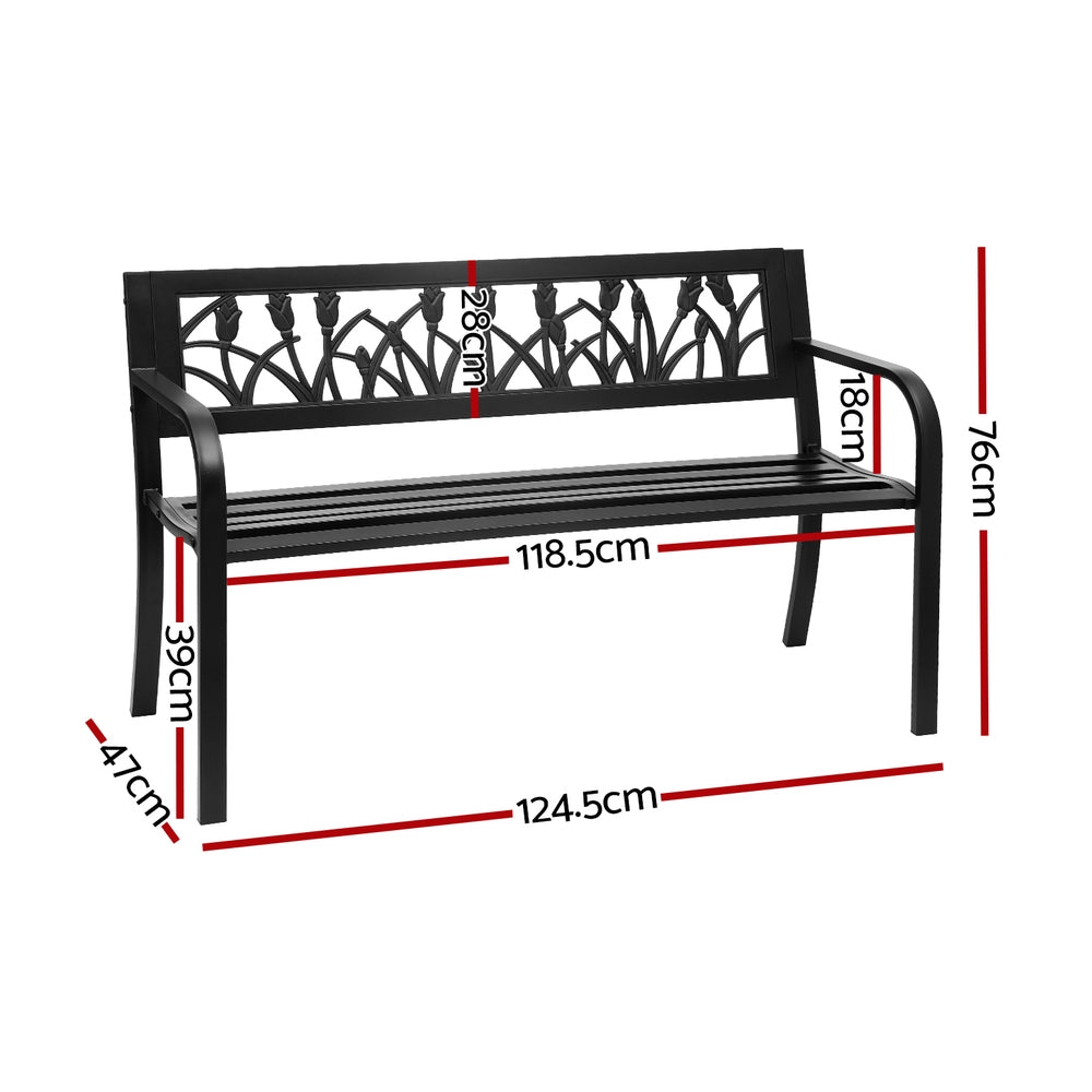 Black metal bench with dimensions marked on a white background