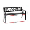 Black metal bench with dimensions marked on a white background