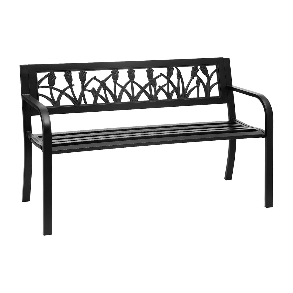 Black metal bench with decorative backrest on a white background