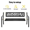 Black metal bench with decorative backrest, assembly instructions, and tool included on a white background.