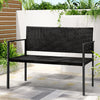 A 2-seater Gardeon outdoor garden bench with a grey rattan seat and black powder-coated steel frame in an outdoor setting. 