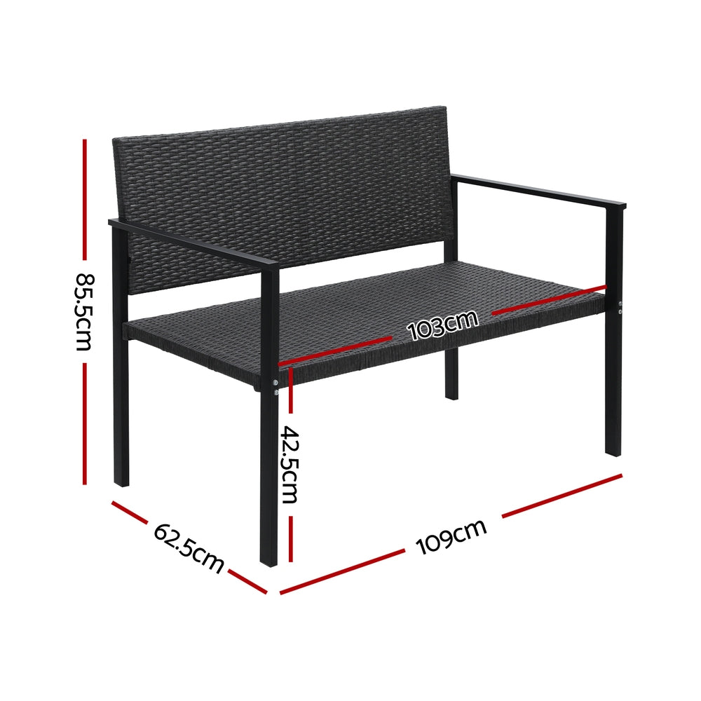 Two-seater Gardeon outdoor garden bench with a grey rattan seat and black powder-coated steel frame, showing its dimensions and set on a white background.